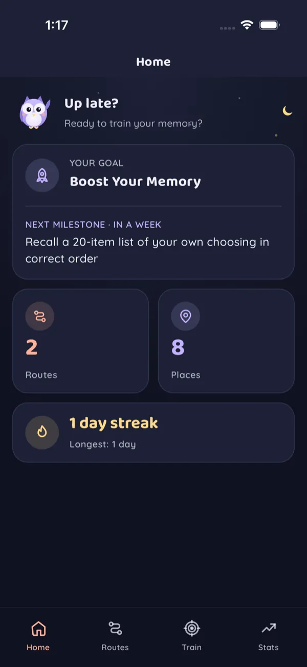Mnemarch dashboard with your goal, routes, places, and a daily streak