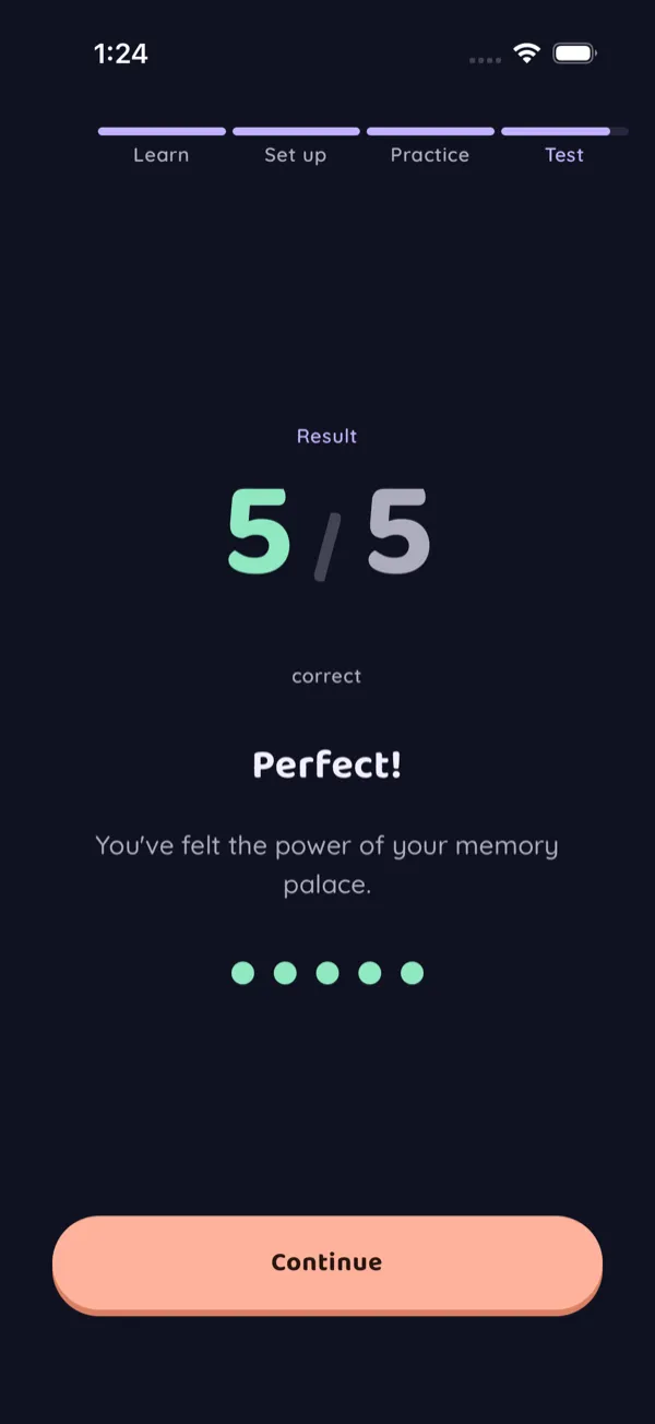The Mnemarch app showing a perfect 5-out-of-5 recall result