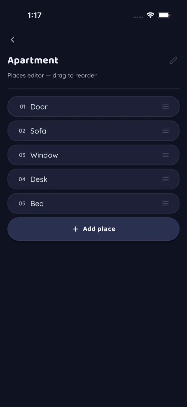 Route editor with five numbered places you can drag to reorder